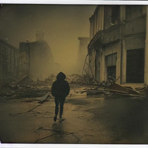 Image similar to old polaroid of a artificial intelligence walking on a destroyed city, rain, dark sky