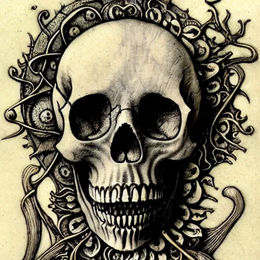 Image similar to memento mori by arthur rackham, detailed, art nouveau, gothic, ornately carved beautiful skull dominant, intricately carved antique bone, skulls, botanicals, art forms of nature by ernst haeckel, horizontal symmetry