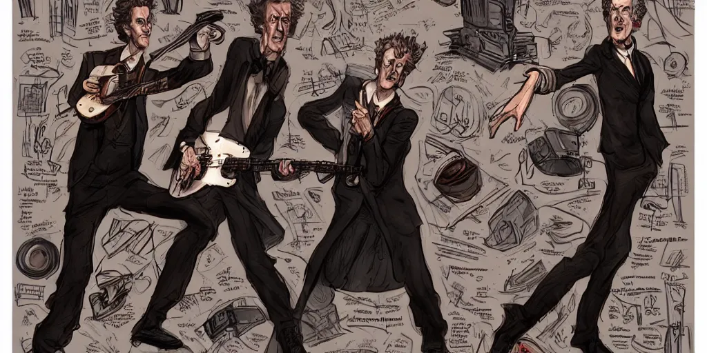 Prompt: cartoonish peter capaldi jamming with his band, character sheet, fine details, concept design, contrast, kim jung gi, greg rutkowski, trending on artstation, 8 k, full body, turnaround, front view, back view, ultra wide angle