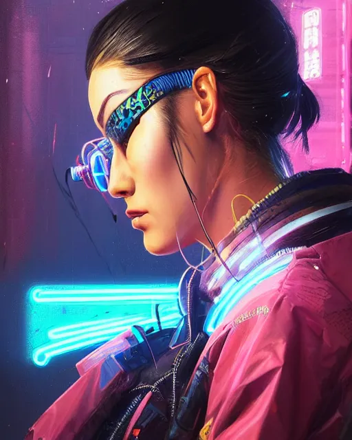 Image similar to detailed side profile portrait Neon Operator Girl, cyberpunk futuristic neon, reflective puffy coat, decorated with traditional Japanese ornaments by Ismail inceoglu dragan bibin hans thoma greg rutkowski Alexandros Pyromallis Nekro Rene Maritte Illustrated, Perfect face, fine details, realistic shaded, fine-face, pretty face