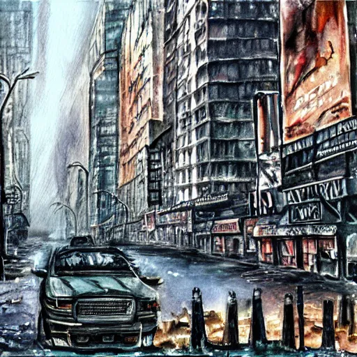 Image similar to post apocalyptic new york city. watercolor. highly detiled. spooky atmosphere.