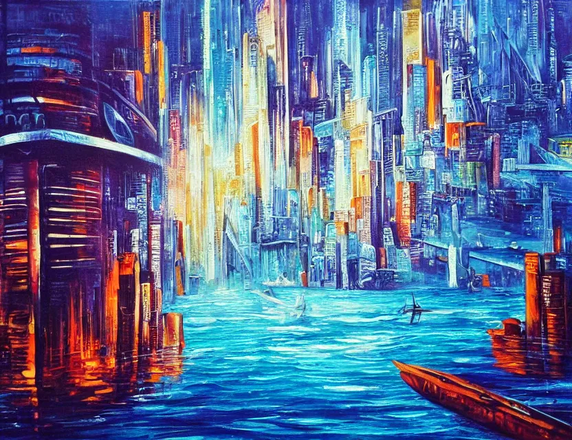 Prompt: ocean spirit lost in a metropolis. this art noveau painting by the award - winning artist has dramatic lighting, an interesting color scheme.
