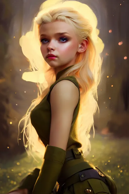 Image similar to cinematic shot of an epic portrait of a cute blonde fairy dressed in military clothes, stylised military clothes, shiny skin, beautiful eyes, beautiful, small details, night setting, realistic poster with volumetric light from craig mallism, artgerm, jeremy lipkin and michael garmash, unreal engine, radiant light, digital art, trends at art station, a masterpiece