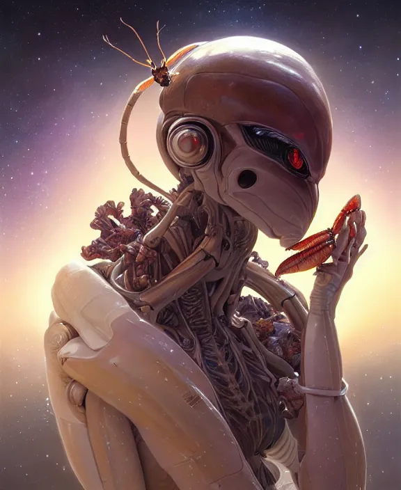 Image similar to portrait of a alien insect, adorable, childlike, milky way environment, ultra realistic, concept art, intricate details, cheerful, highly detailed, photorealistic, octane render, 8 k, unreal engine. art by christopher marley and artgerm and greg rutkowski and alphonse mucha