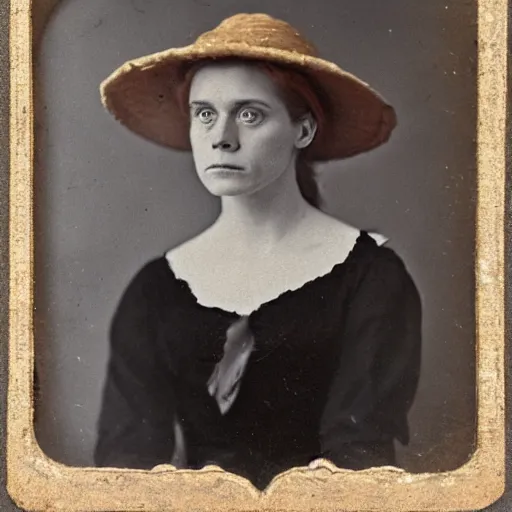 Prompt: a late 1 9 th century, 3 0 years old, austro - hungarian, sullen old maid ( redhead, tight bun, tight bun, straw hat decorated with too big flowers, looks a like amy adams mixed with anne - marie duff, but not pretty, as a strict school teacher ), daguerreotype by william edward kilburn
