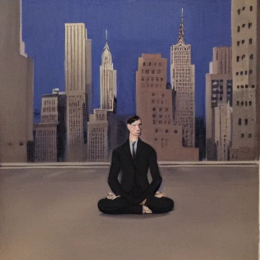 Image similar to man in black suit, meditation pose, new york buildings, city view, leyendecker style