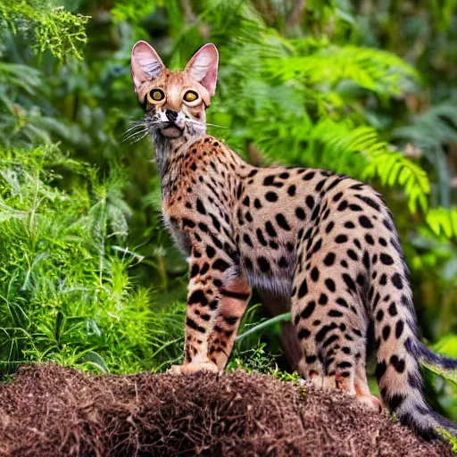Prompt: a firece savannah cat in a lush forest