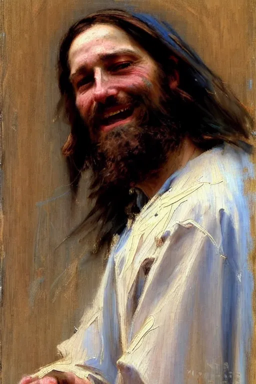 Image similar to impressionist brushstrokes!!!!!!!!! solomon joseph solomon and richard schmid and jeremy lipking victorian loose genre loose painting full length portrait painting of jesus with a slight smile happy inviting