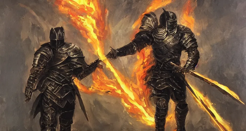 Image similar to An oil painting of a knight in dark metal armor wielding a flaming sword