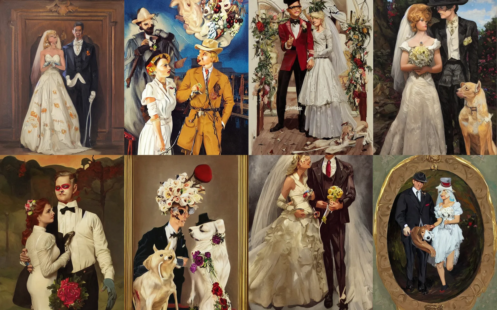 Prompt: stylish painting of the Milkybar kid marrying undead dog bride. In the style of JC Leyendecker