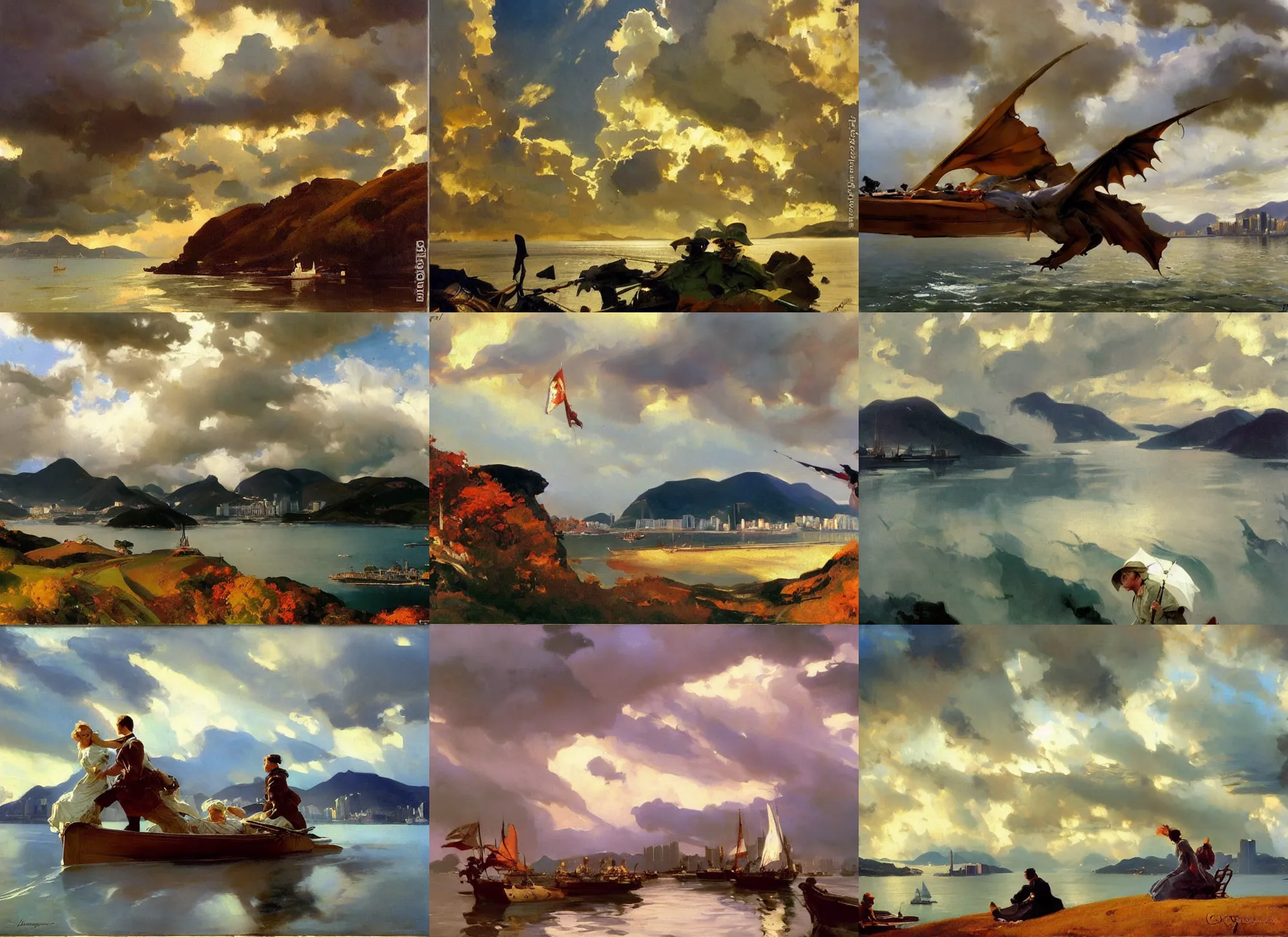 Prompt: painting by sargent and leyendecker and greg hildebrandt savrasov levitan autumn epic sky overcast, low thunder clouds hong kong victoria harbour in middle age, fantasy, lotr, dragon flying in the sky