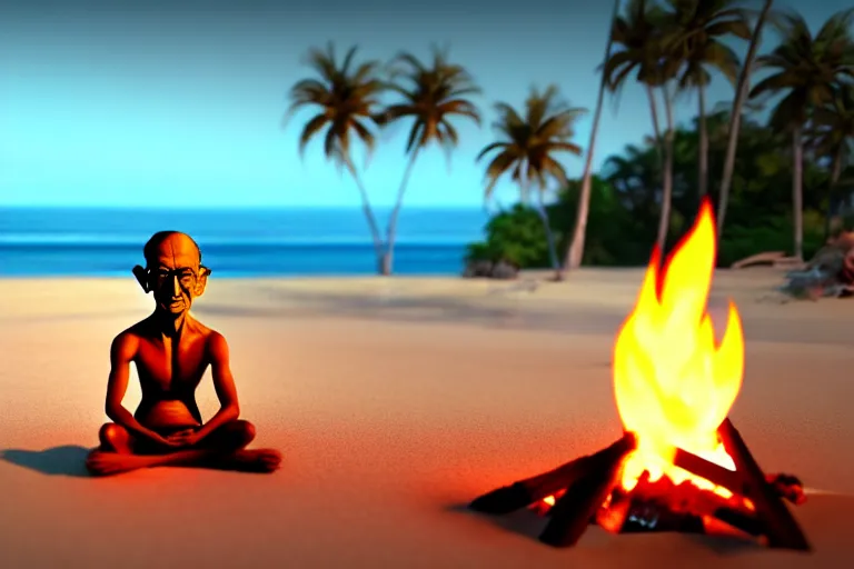 Image similar to gandhi with a big head and a small body, at the beach, sitting on the sand next to a campfire, with palm trees in the back, intricate detail, trending on artstation, sharp focus, illustration, caustics, octane render, radiant light, 4 k