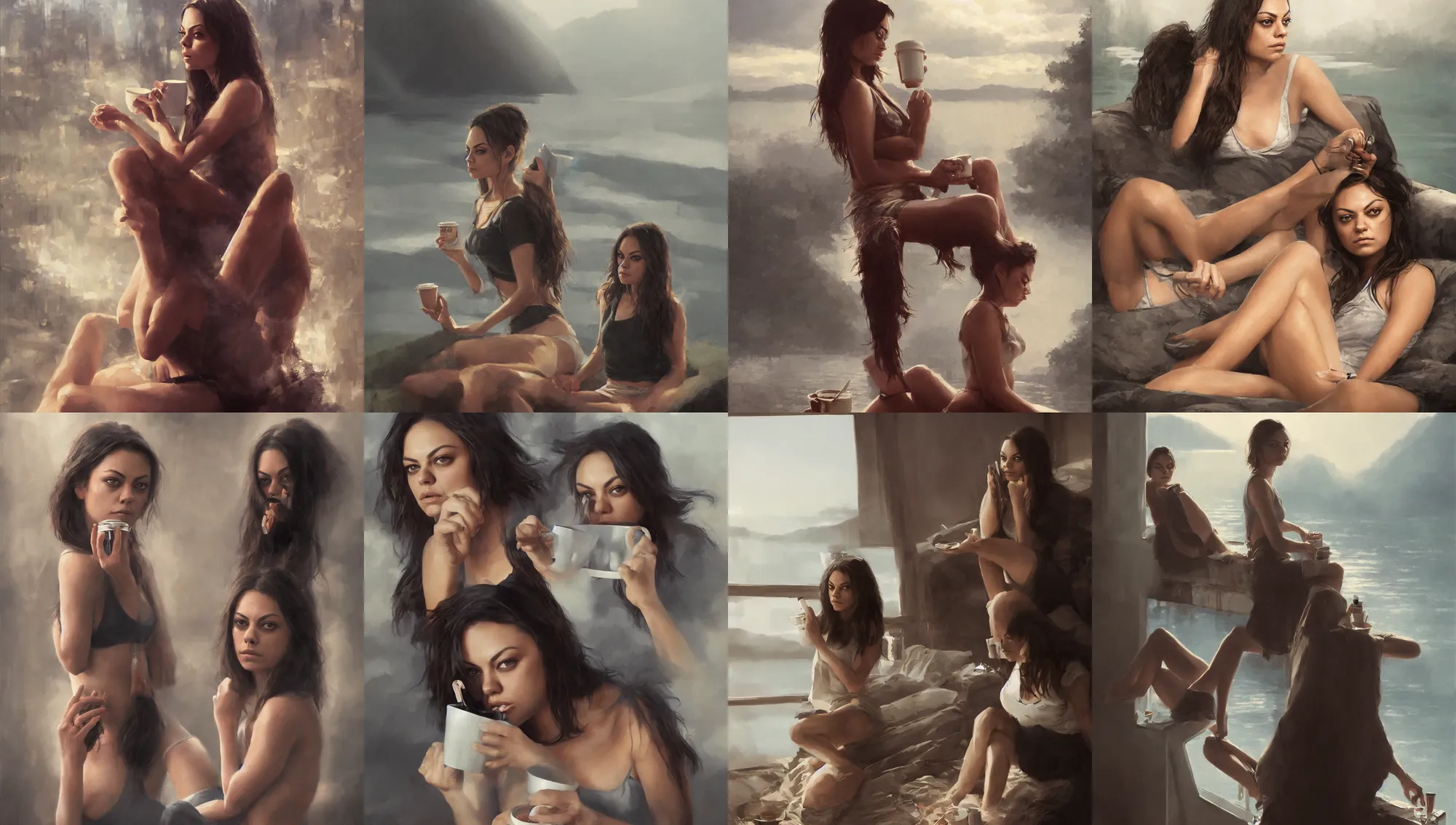 Image similar to mila kunis waking up with coffee and cigarettes, dramatic light, lake background, 2 0 0 mm focal length, 1 9 7 0 s, painted by stanley lau, painted by greg rutkowski, painted by stanley artgerm, digital art, trending on artstation