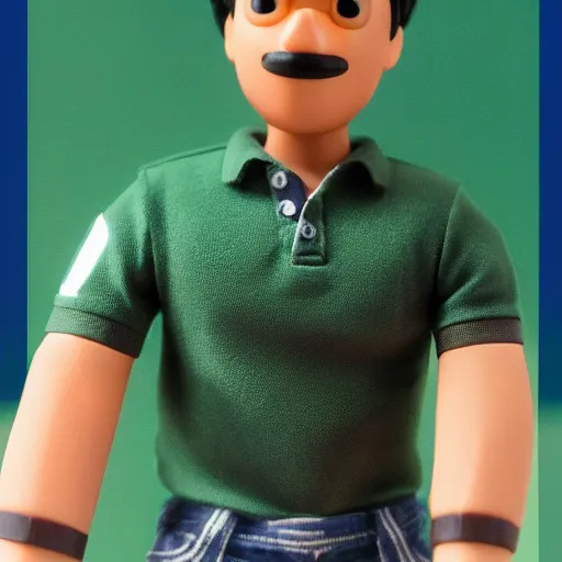 Image similar to a 30 year old skinny brown skinned programmer guy with no beard and thick black hair on top, short on sides, in a dark green polo shirt, blue jeans and grey sneakers funko pop close up highly detailed photo