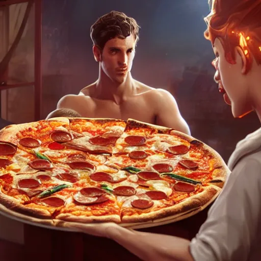 Prompt: man is surprised by pizza, photo by artgerm, greg rutkowski and alphonse mucha, unreal engine 5, 4 k uhd