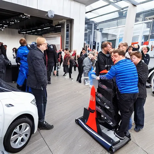 Prompt: car manipulator picks up one person from a queue of people looking for a store