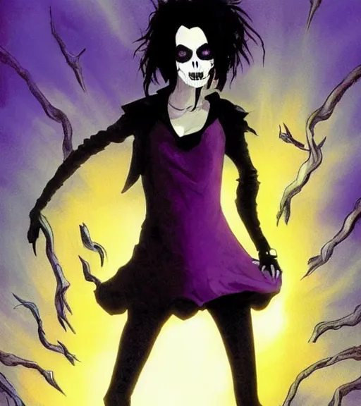 Image similar to A portrait of the character, Death, a young Goth girl wearing a black vest, Vertigo Comics, The Sandman written by Neil Gaiman, against a stormy purple sky