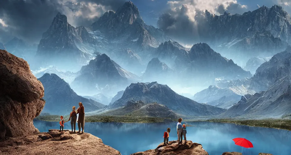 Prompt: An epic landscape photograph of a Mountainrange and a lake, with A family at the center of the image. The man is holding a blue umbrella in his right hand, unreal 5, DAZ, hyperrealistic, octane render, dynamic lighting