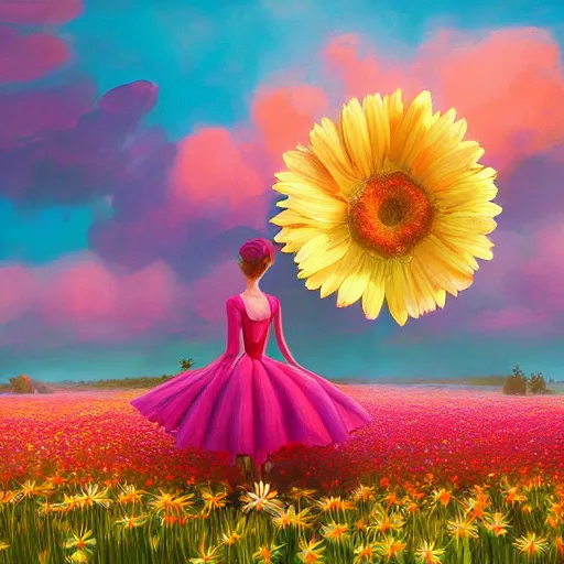 Prompt: giant daisy flower in front of head, full body girl floating in a flower field, surreal photography, sunrise, dramatic light, impressionist painting, colorful clouds, digital painting, artstation, simon stalenhag