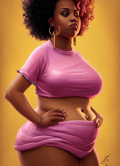 Image similar to full body portrait, teenage vanessa morgan, pink hair, brown skin, obese, curly pixie hair, sultry, realistic, short hair, hoop earrings, skirt, shirt, fat, belly, intricate, elegant, highly detailed, digital painting, artstation, concept art, smooth, sharp focus, illustration, art by wlop, mars ravelo and greg rutkowski