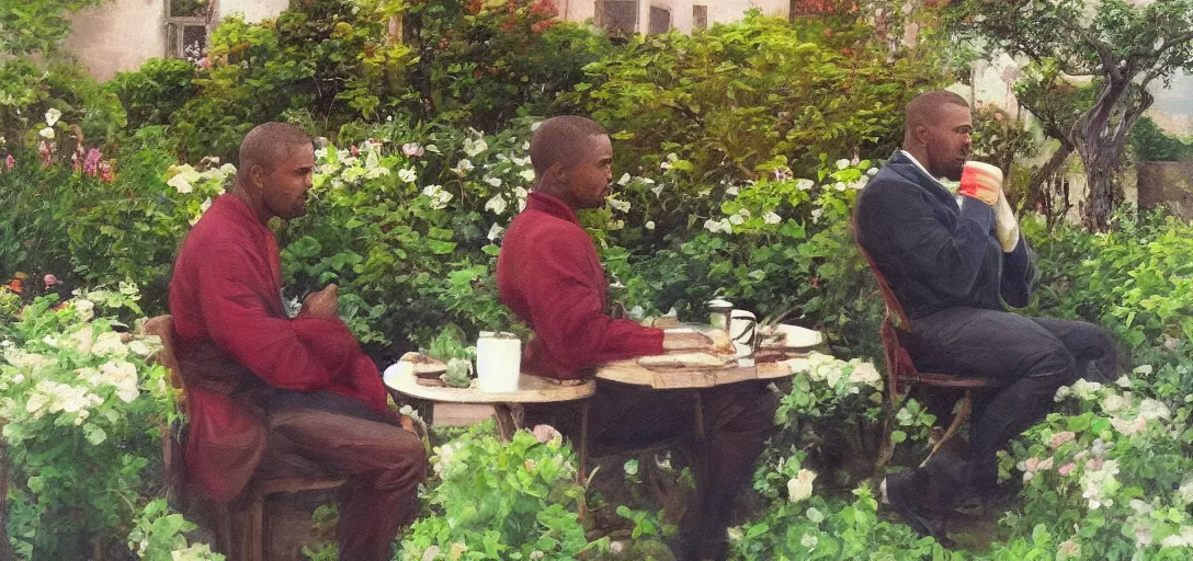 Image similar to kayne sipping tea, garden in the background, aged oil painting by le pho