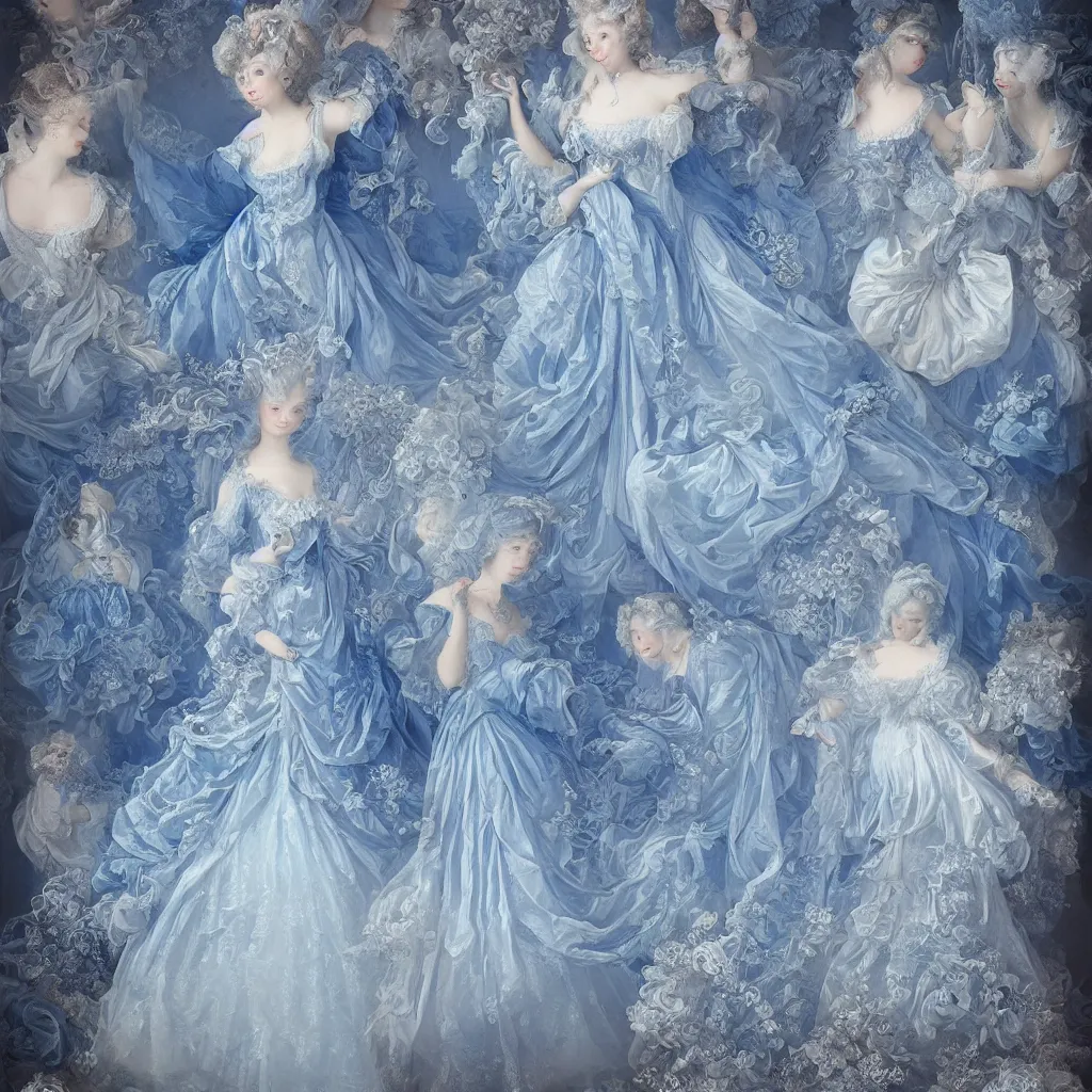 Image similar to blue dress design in the style of rococo ，Victorian era，jellyfish element，dreamy, soft ,Backlight ,luminescence，in the style of Aetherpunk,highly detailed,8k