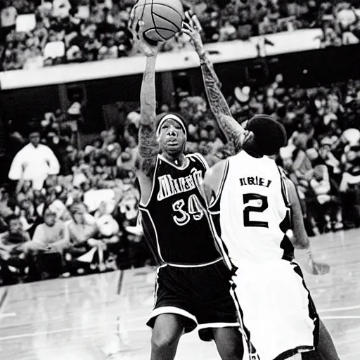 Image similar to an very old black and white grainy picture of allen iverson shooting a basketball