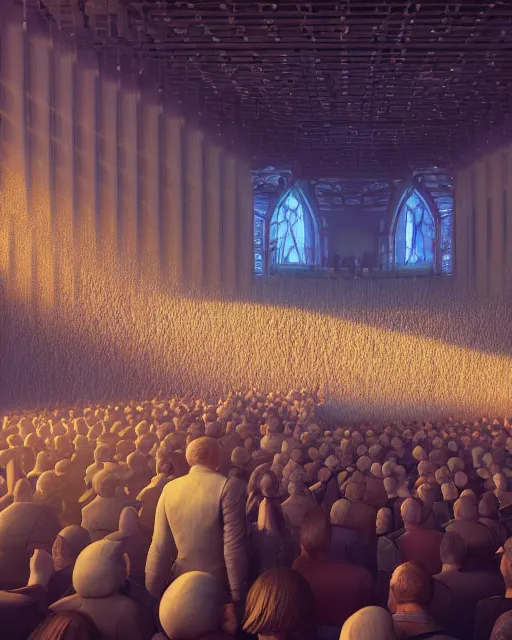 Image similar to unreal engine 5 render of a crowd in a futuristic church by craig mullins and ghibli, strong contrast, priest, pews, ethereal, inviting, bright, raking light, hyper realism, realistic shading, cinematic composition, blender render, octane render, hdr, detailed textures, photorealistic, wide shot