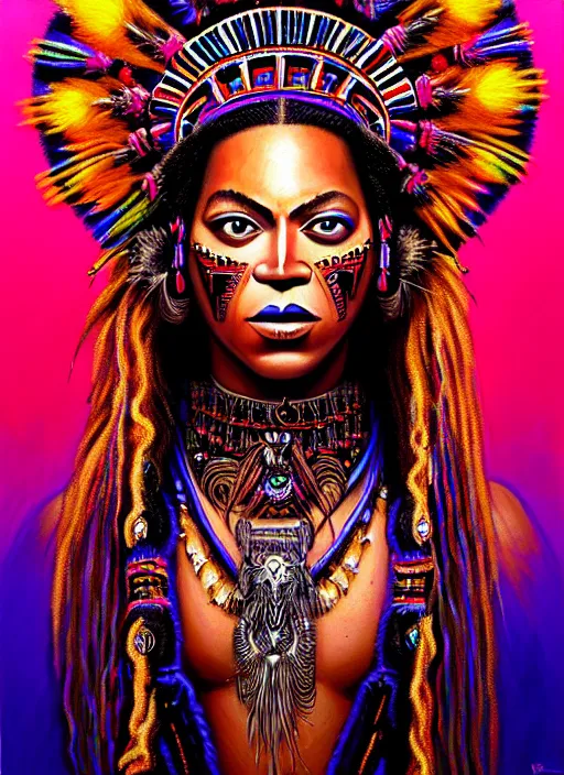 Image similar to portrait of beyonce, hyper detailed ultra sharp aztec shaman warrior. trending on artstation, warpaint aesthetic, bloodwave, colorful, psychedelic, ornate, intricate, digital painting, concept art, smooth, sharp focus, illustration, art by artgerm and greg rutkowski and h. r. giger, 8 k