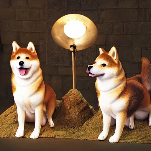 Image similar to Shiba Inu in medieval times look like merlin high details cinematic mood shooting lighting from wand