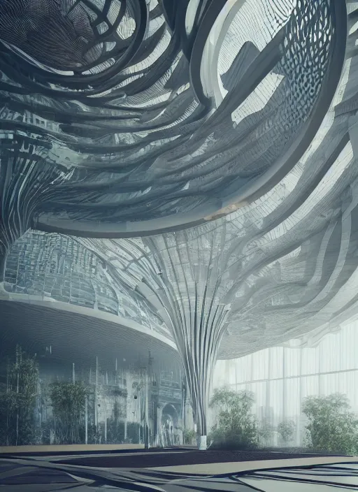 Image similar to a photo of a futuristic biomimicry oasis interior + the interior is elegant and made of a biomimicry nature with ornate patterns + photo taken on a misty morning + architectural photography, 8K, photorealistic