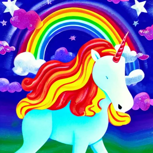Image similar to a unicorn under a rainbow with stars in the sky