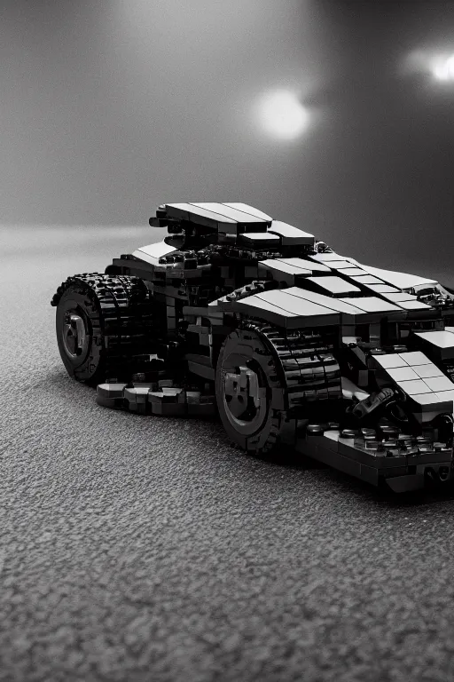 Image similar to the lego batmobile driving through gotham city at night. fluorescent light. pov from behind the wheel. octane render. 8 k. monochrome. black and white. mist. atmospheric. cinematic. hdr, raytracing, global illumination. a matte painting by ash thorp.