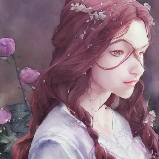 Image similar to a highly detailed portrait of sisters with purpure very very long hair, There are large snow-white peonies in the background, artstation, watercolor, highly detailed, portrait, by krenz cushart