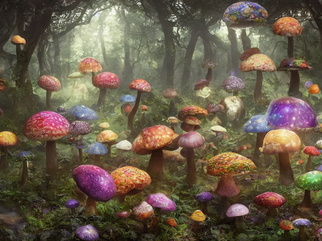 Prompt: The universe is a spheroid region of forest of enchanted mushrooms, 3d render, Sunlight Study, by Rachel Ruysch and ((((Lisa Frank)))), Art Nouveau, 8k, extreme detail, sharp focus, octane render