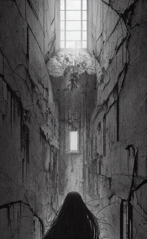 Prompt: vertical movie frame portrait of girl inside abandoned school, ominous backrooms at distance seen through big broken wall, giger interior design, architectural design, vintage, liminal aesthetic, dreamcore, weirdcore, clean lines, wide angle, by wayne barlowe, tsutomu nihei, zdzislaw beksinski,