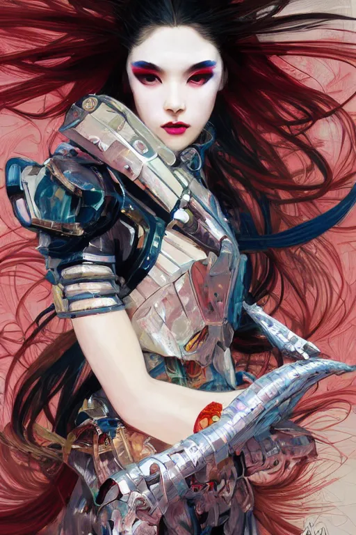 Image similar to > professional dynamtic portrait of female an agile geisha cyberpunk in a dynamic pose , armor elements , long red hair, beautiful bone structure, symmetrical facial features, intricate, elegant, digital painting, concept art, smooth, sharp focus, illustration, by Ruan Jia and Mandy Jurgens , and mucha, and Artgerm and William-Adolphe Bouguerea