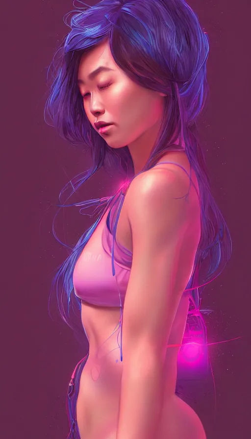 Image similar to neon, academic female pose from artstation, most beautiful asian face, fibonacci, sweat drops, insane, pinup, intricate, highly detailed, digital painting, artstation, concept art, smooth, sharp focus, illustration, Unreal Engine 5, 8K, art by artgerm and greg rutkowski and alphonse mucha