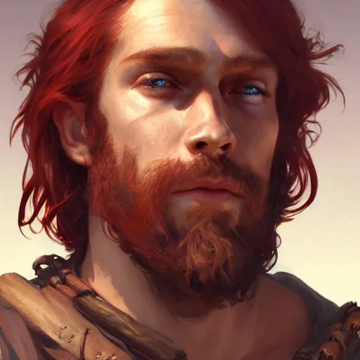 Image similar to portrait of a young rugged pirate, male, masculine, handsome, upper body, red hair, long hair, D&D, fantasy, intricate, elegant, highly detailed, digital painting, artstation, concept art, matte, sharp focus, illustration, art by Artgerm and Greg Rutkowski and Alphonse Mucha