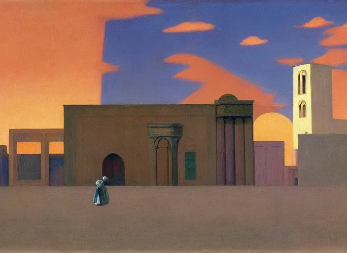 Prompt: old baghdad, clouds, bird, open ceiling, strange foreign objects, oil painting by edward hopper, chirico and rene magritte