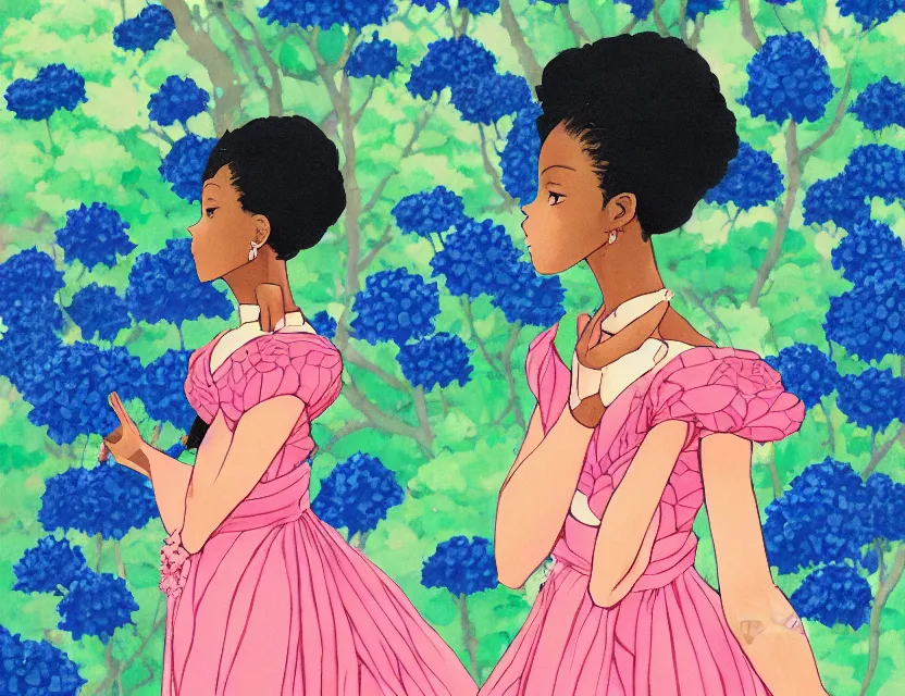 Image similar to black - skinned princess of the hydrangea mountains, wearing a lovely dress. this gouache painting by the award - winning mangaka has an interesting color scheme, plenty of details and impeccable lighting.