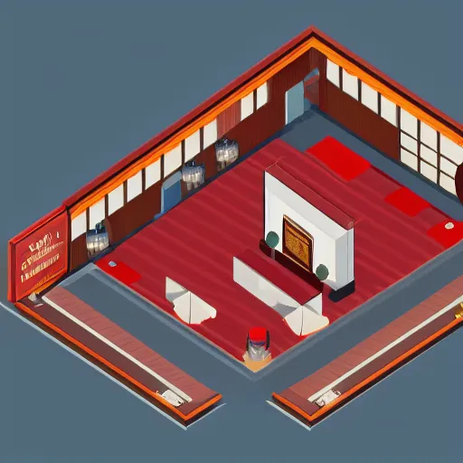 Image similar to isometric top down view of a hotel lobby, full of cherrywood and red carpet, high quality, digital art