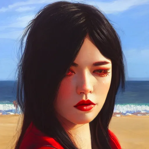 Image similar to woman with long dark black hair wearing red clothing standing by the beach, beautiful, 8k, highly detailed, realistic, artgerm, sakimichan, rutkowski, trending on artstation, perfect face, portrait, high contrast, golden light, dramatic lighting,