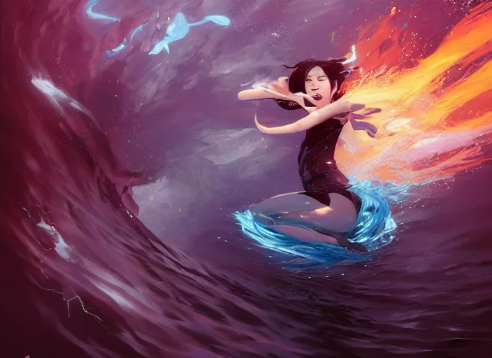 Image similar to seductive lee jin - eun running on water at super speed, emerging from multiversal galactic portal, splashes of lightning behind her, zooming past a small island, by ilya kuvshinov and peter mohrbacher and ruan jia, and m. k. kaluta, rule of thirds, coherent symmetry, close up, majestic, beautiful eyes