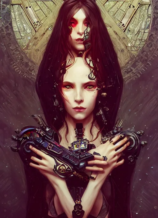 Image similar to portrait of beautiful pale gothic maiden, warhammer 40000, cyberpunk, intricate, elegant, highly detailed, digital painting, artstation, concept art, smooth, sharp focus, illustration, art by artgerm and greg rutkowski and alphonse mucha and Gustav Klimt and Ilya Kuvshinov