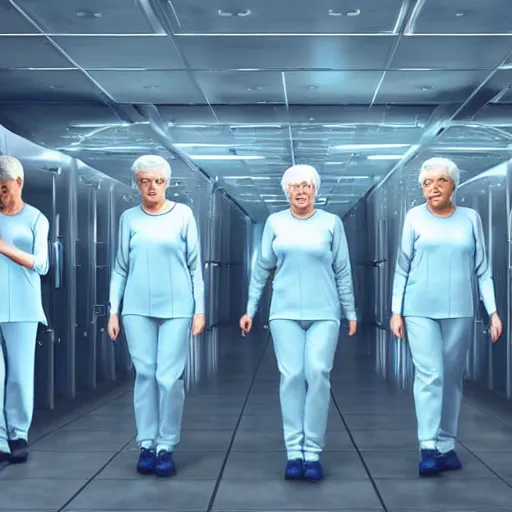 Image similar to troop of very old women with white bob hairdos, tight light blue neopren suits, futuristic cloning facility, sci - fi, highly detailed, cinematic