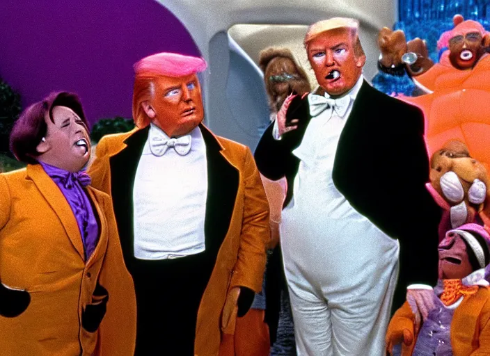 Image similar to film still of Donald Trump as a oompa loompa in Willy Wonka's and the Chocolate Factory 1971