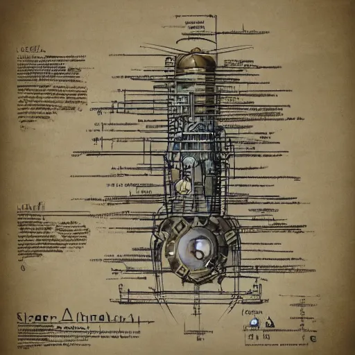 Image similar to schematic for alien technology, aged, faded parchment, sketch, descriptions, highly detailed, 8 k,