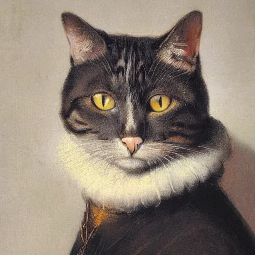 Prompt: a detailed portrait painting of a cat by rembrandt