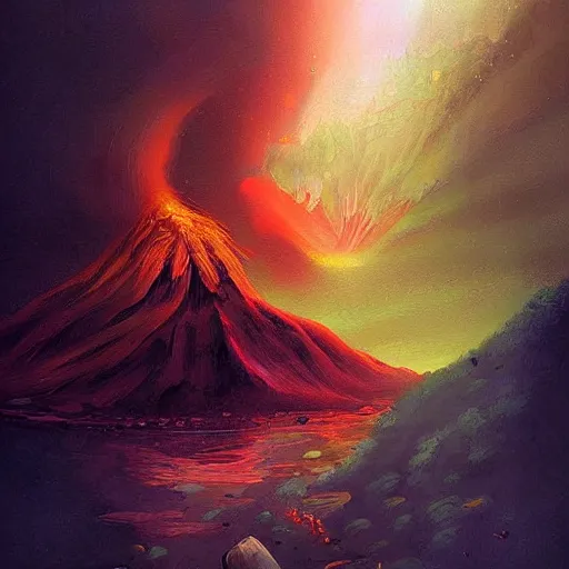 Image similar to A volcano expelling light beautiful landscape detailed painting in the style of Anna Dittmann